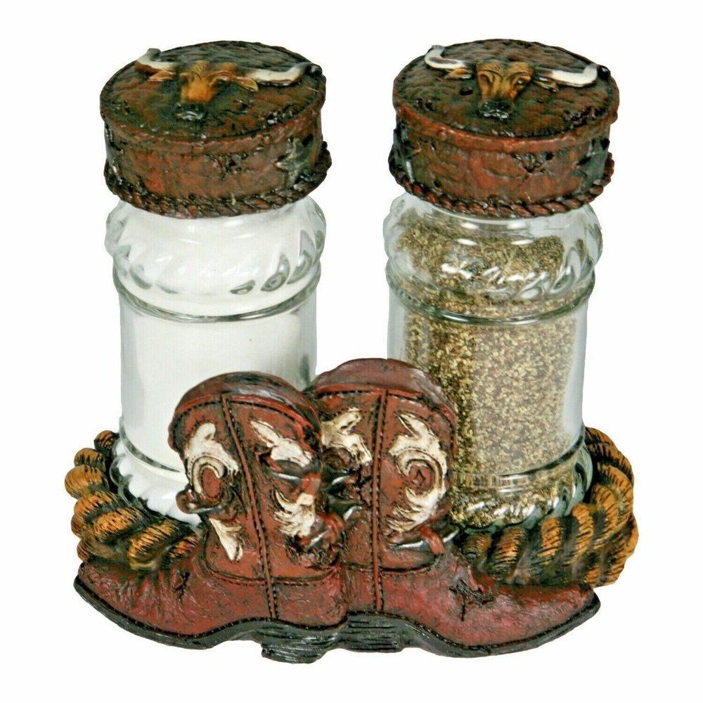 Rivers Edge Cowboy Boots and Steer Salt Pepper Shakers Caddy Ceramic Western